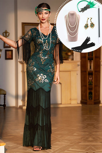 Donkergroen pailletten omzoomd lang jaren 1920 Gatsby jurk met accessoires set