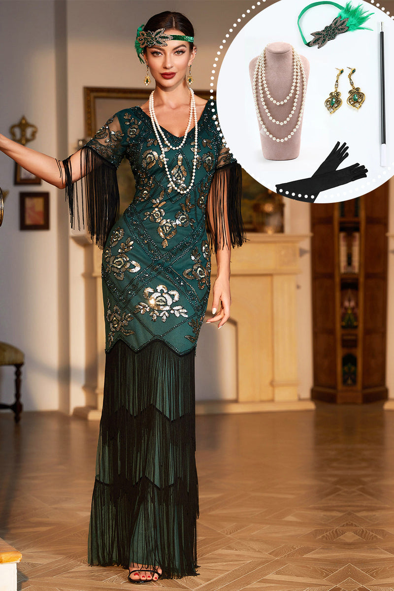 Afbeelding in Gallery-weergave laden, Donkergroen pailletten omzoomd lang jaren 1920 Gatsby jurk met accessoires set
