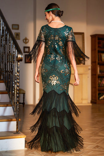 Donkergroen pailletten omzoomd lang jaren 1920 Gatsby jurk met accessoires set