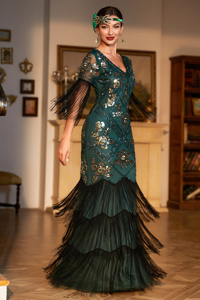 Afbeelding in Gallery-weergave laden, Donkergroen pailletten omzoomd lang jaren 1920 Gatsby jurk met accessoires set