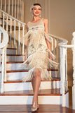 Champagne Fringed 1920s Gatsby Jurk met Accessoires Set