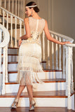 Champagne Fringed 1920s Gatsby Jurk met Accessoires Set