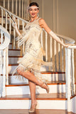 Champagne Fringed 1920s Gatsby Jurk met Accessoires Set