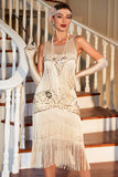 Champagne Fringed 1920s Gatsby Jurk met Accessoires Set