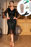 Donkergroen pailletten gefranjerd korte mouwen 1920s Gatsby jurk met accessoires set