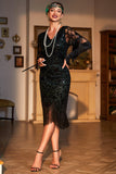 Donkergroen pailletten gefranjerd korte mouwen 1920s Gatsby jurk met accessoires set