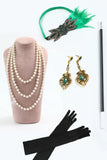 Donkergroen pailletten gefranjerd korte mouwen 1920s Gatsby jurk met accessoires set