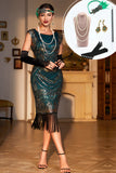 Donkergroen pailletten gefranjerd 1920s Gatsby Jurk met accessoires Set