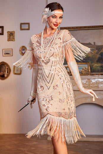 Sprankelende champagne pailletten omzoomde jaren 1920 jurk met accessoires set