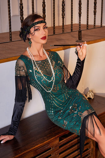 Sprankelende donkergroene cap mouwen pailletten gefranjerde jaren 1920 jurk met accessoires set