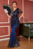 Afbeelding in Gallery-weergave laden, Donkerblauwe lange franje pailletten jaren 1920 jurk met accessoires Set