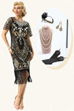 Zwarte pailletten omzoomde Cap mouwen jaren 1920 jurk met accessoires Set