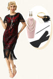 Zwart rood pailletten omzoomde GLB mouwen jaren 1920 jurk met accessoires Set