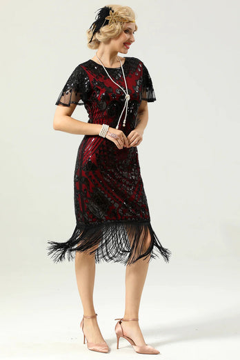 Zwart rood pailletten omzoomde GLB mouwen jaren 1920 jurk met accessoires Set
