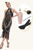 Sprankelende zwarte gouden pailletten omzoomde jaren 1920 jurk met accessoires Set