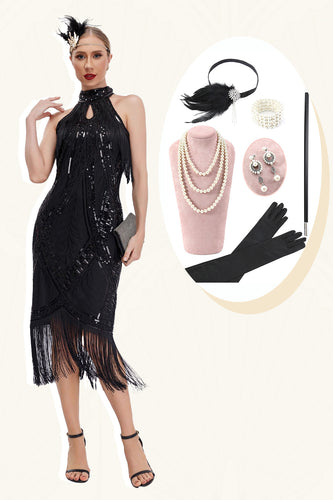 Sprankelende zwarte ronde hals pailletten omzoomd jaren 1920 jurk met accessoires Set