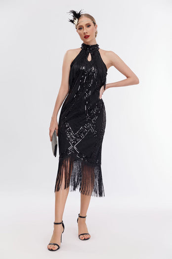 Sprankelende zwarte ronde hals pailletten omzoomd jaren 1920 jurk met accessoires Set