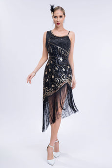 Sprankelende zwarte asymmetrische pailletten omzoomde jaren 1920 jurk met accessoires Set