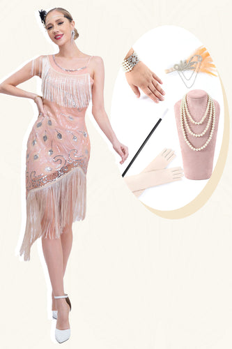 Sprankelende Blush asymmetrische pailletten omzoomde jaren 1920 jurk met accessoires Set