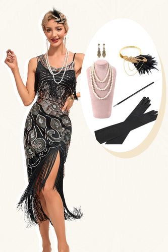 Sprankelende zwarte pailletten franjes asymmetrische jaren 1920 Gatsby jurk met accessoires Set