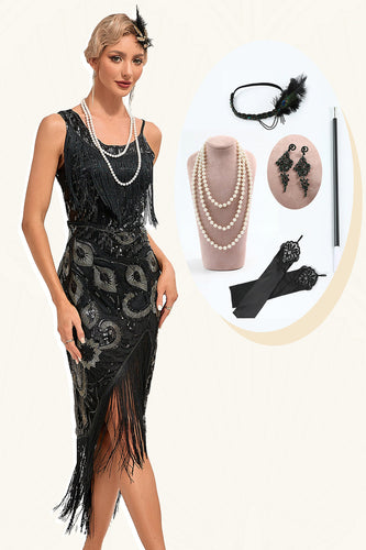 Glitter zwarte franje pailletten jaren 1920 Gatsby jurk met 20s accessoires