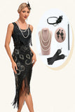 Glitter zwarte franje pailletten jaren 1920 Gatsby jurk met 20s accessoires