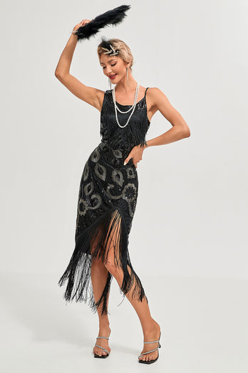 Glitter zwarte franje pailletten jaren 1920 Gatsby jurk met 20s accessoires
