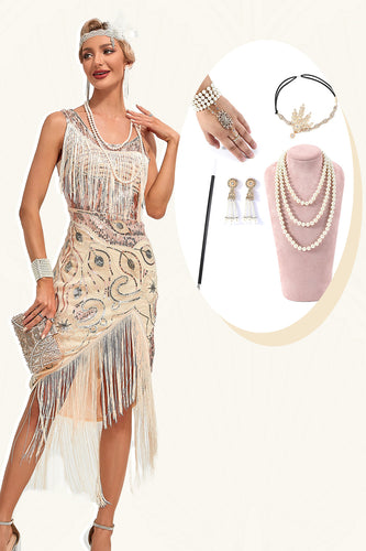 Sprankelende Champagne pailletten franjes asymmetrische jaren 1920 Gatsby jurk met accessoires Set