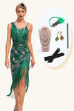 Sprankelende donkergroene pailletten franjes asymmetrische jaren 1920 Gatsby jurk met accessoires Set