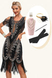 Glitter zwarte pailletten franjes jaren 1920 Gatsby jurk met accessoires Set