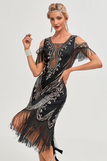 Glitter zwarte pailletten franjes jaren 1920 Gatsby jurk met accessoires Set