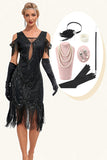 Glitter zwarte koude schouder pailletten franjes jaren 1920 Gatsby jurk met accessoires Set