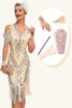Afbeelding in Gallery-weergave laden, Glitter Champagne koude schouder pailletten franjes jaren 1920 Gatsby jurk met accessoires Set