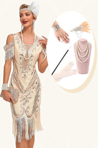 Glitter Champagne koude schouder pailletten franjes jaren 1920 Gatsby jurk met accessoires Set
