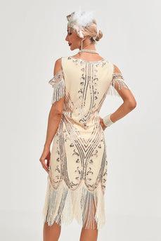 Glitter Champagne koude schouder pailletten franjes jaren 1920 Gatsby jurk met accessoires Set