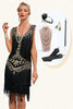 Afbeelding in Gallery-weergave laden, Glitter zwarte pailletten omzoomd jaren 1920 Gatsby jurk met accessoires Set