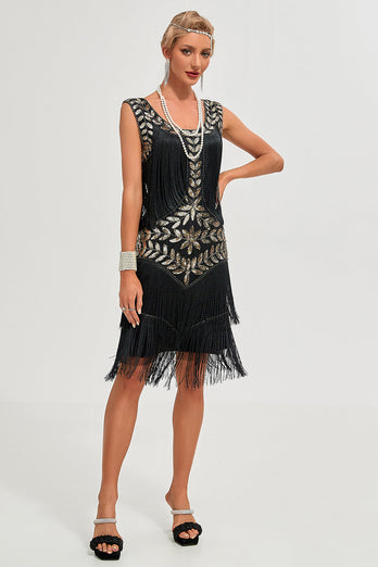 Glitter zwarte pailletten omzoomd jaren 1920 Gatsby jurk met accessoires Set