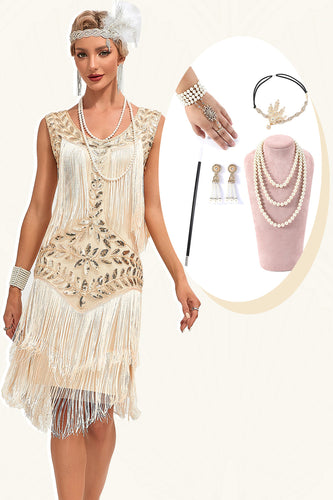 Glitter Champagne pailletten omzoomd jaren 1920 Gatsby jurk met accessoires Set