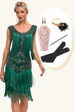 Donkergroene pailletten franjes Great Gatsby jurk met accessoires Set