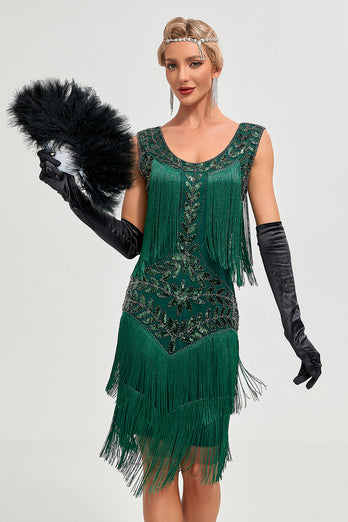Donkergroene pailletten franjes Great Gatsby jurk met accessoires Set
