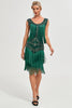 Afbeelding in Gallery-weergave laden, Donkergroene pailletten franjes Great Gatsby jurk met accessoires Set