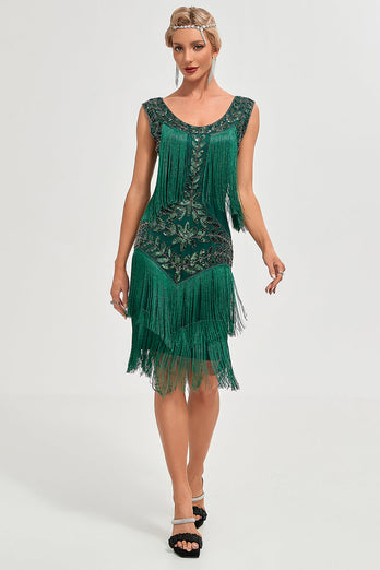 Donkergroene pailletten franjes Great Gatsby jurk met accessoires Set