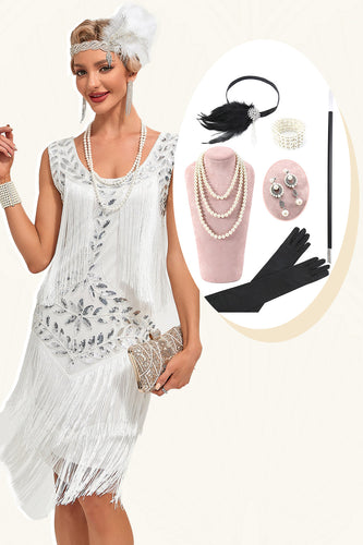 Witte pailletten franjes Flapper jurk met accessoires Set