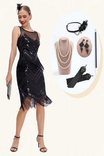 Zwarte Sparkly franjes jaren 1920 jurk met accessoires Set