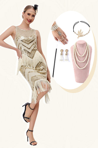 Champagne Glitter Franjes Gatsby Jurk met Accessoires Set
