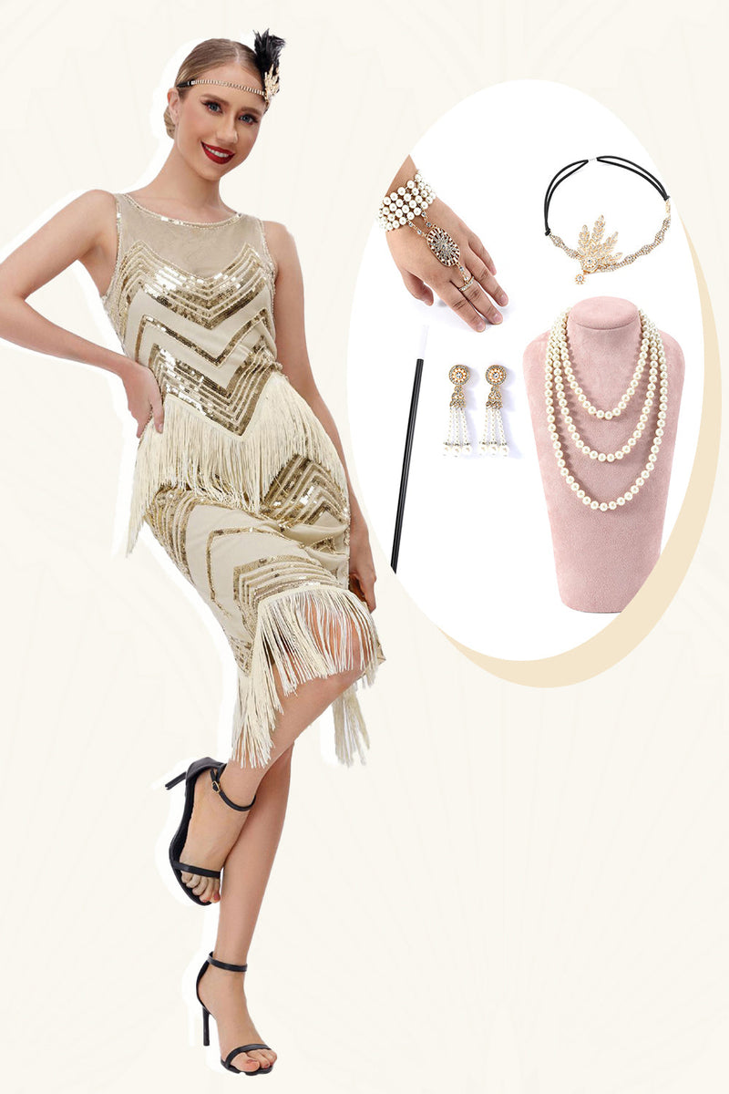 Afbeelding in Gallery-weergave laden, Champagne Glitter Franjes Gatsby Jurk met Accessoires Set
