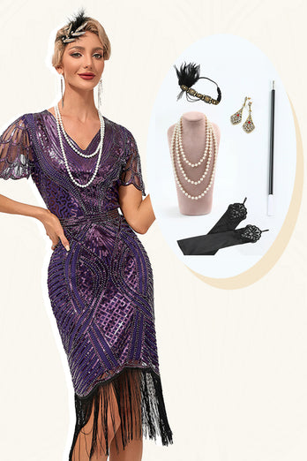Donker paarse kralen franjes jaren 1920 jurk met accessoires Set