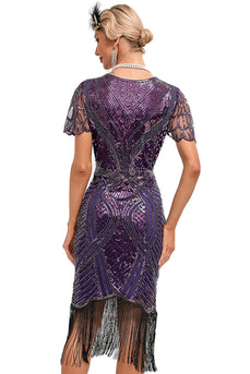 Donker paarse kralen franjes jaren 1920 jurk met accessoires Set