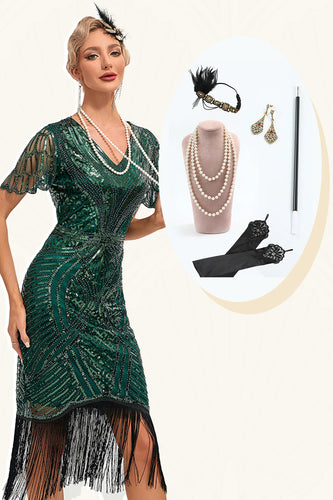 Beading donkergroene Glitter franjes Flapper jurk met accessoires Set