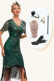 Beading donkergroene Glitter franjes Flapper jurk met accessoires Set